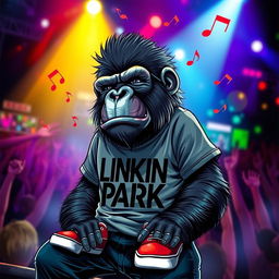 A rockstar gorilla wearing a Linkin Park shirt and red Vans shoes, deeply immersed in music