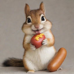 A charming chipmunk, resembling Alvin from 'Alvin and the Chipmunks', playfully biting a hotdog-shaped pillow.