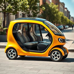 A compact microcar designed for urban commuting, featuring a 1+2 seating layout with a modern, ergonomic design