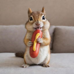 A charming chipmunk, resembling Alvin from 'Alvin and the Chipmunks', playfully biting a hotdog-shaped pillow.