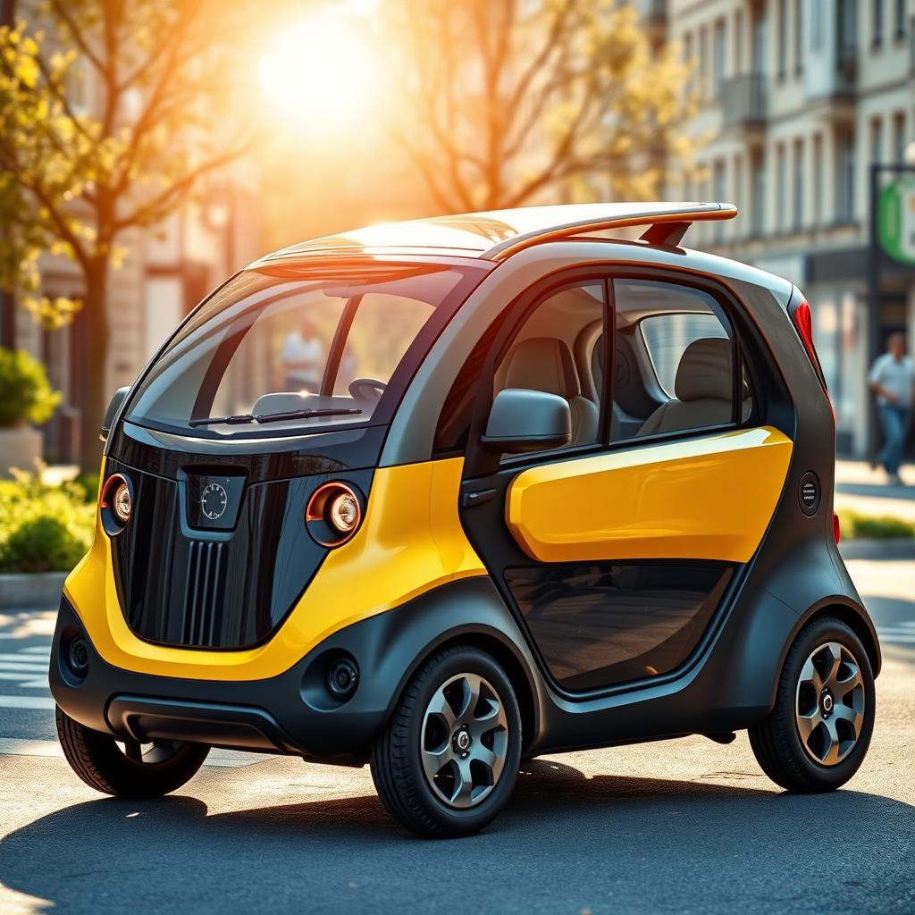 A compact microcar designed for urban commuting, featuring a 1+2 seating layout with a modern, ergonomic design