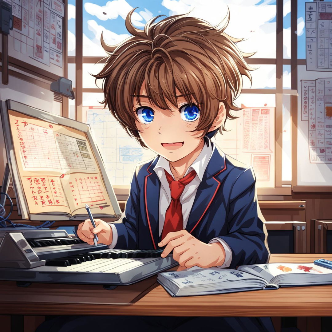 Anime illustration of a cute schoolboy with chestnut hair and bright blue eyes, engrossed in a PHP programming book in a sunlit classroom, dressed in a traditional Japanese school uniform.