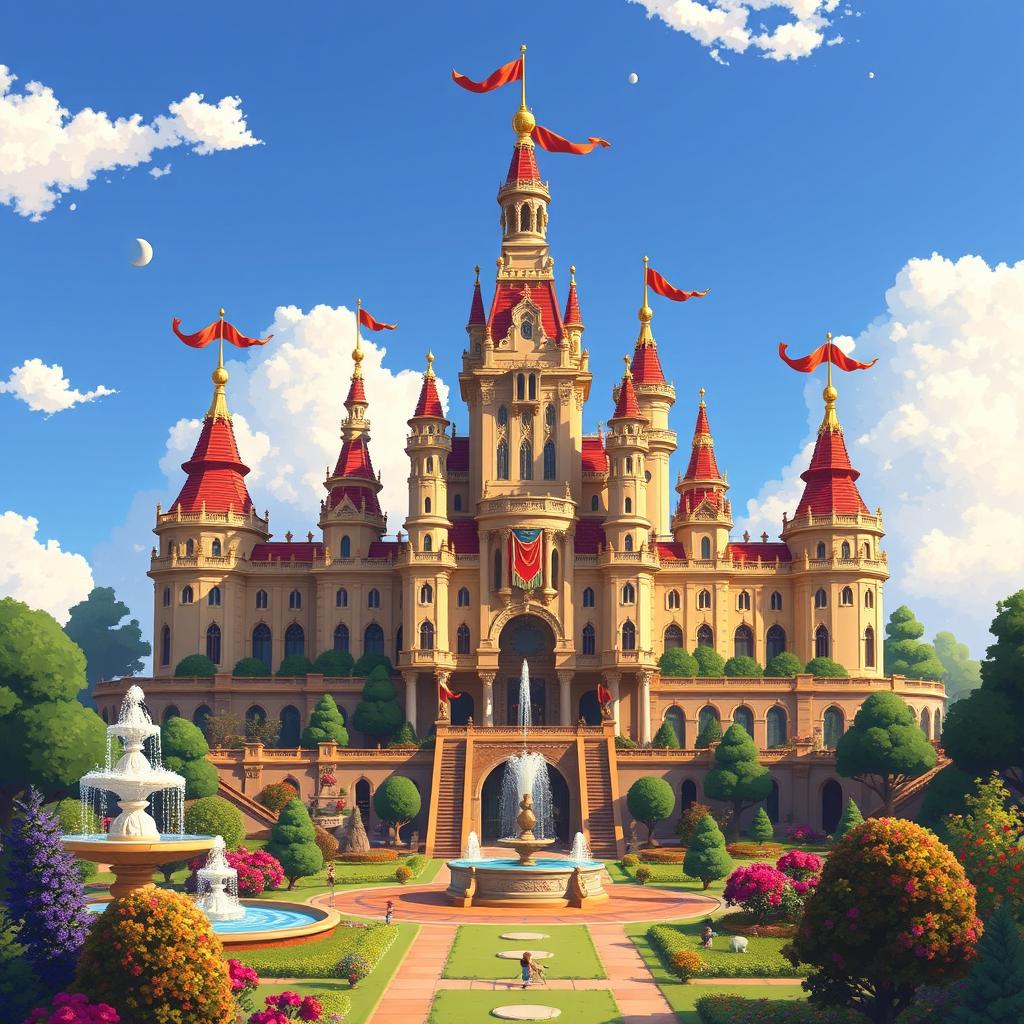 A beautifully detailed pixel art representation of a grand palace, featuring elegant spires, vibrant banners fluttering in the breeze, surrounded by lush gardens and fountains