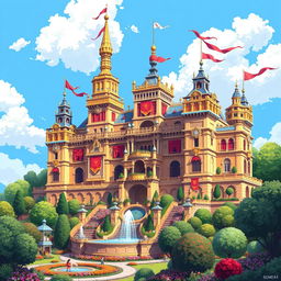 A beautifully detailed pixel art representation of a grand palace, featuring elegant spires, vibrant banners fluttering in the breeze, surrounded by lush gardens and fountains