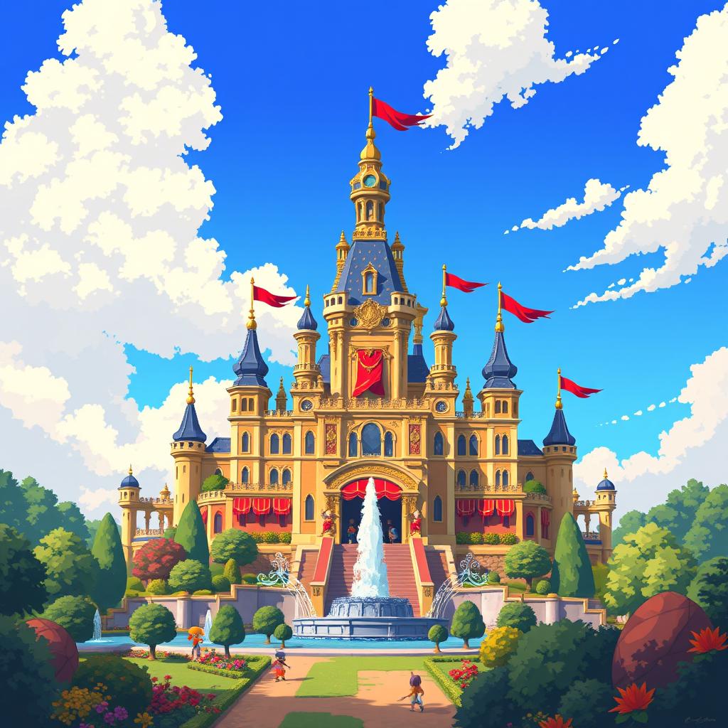 A beautifully detailed pixel art representation of a grand palace, featuring elegant spires, vibrant banners fluttering in the breeze, surrounded by lush gardens and fountains