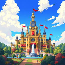 A beautifully detailed pixel art representation of a grand palace, featuring elegant spires, vibrant banners fluttering in the breeze, surrounded by lush gardens and fountains