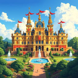 A beautifully detailed pixel art representation of a grand palace, featuring elegant spires, vibrant banners fluttering in the breeze, surrounded by lush gardens and fountains