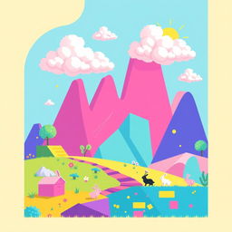 A vibrant and imaginative pixel art scene featuring a colorful abstract landscape, filled with geometric shapes and charming characters interacting within it