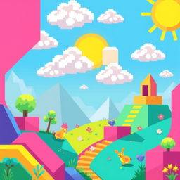 A vibrant and imaginative pixel art scene featuring a colorful abstract landscape, filled with geometric shapes and charming characters interacting within it