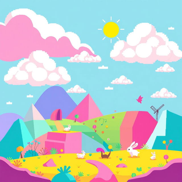 A vibrant and imaginative pixel art scene featuring a colorful abstract landscape, filled with geometric shapes and charming characters interacting within it