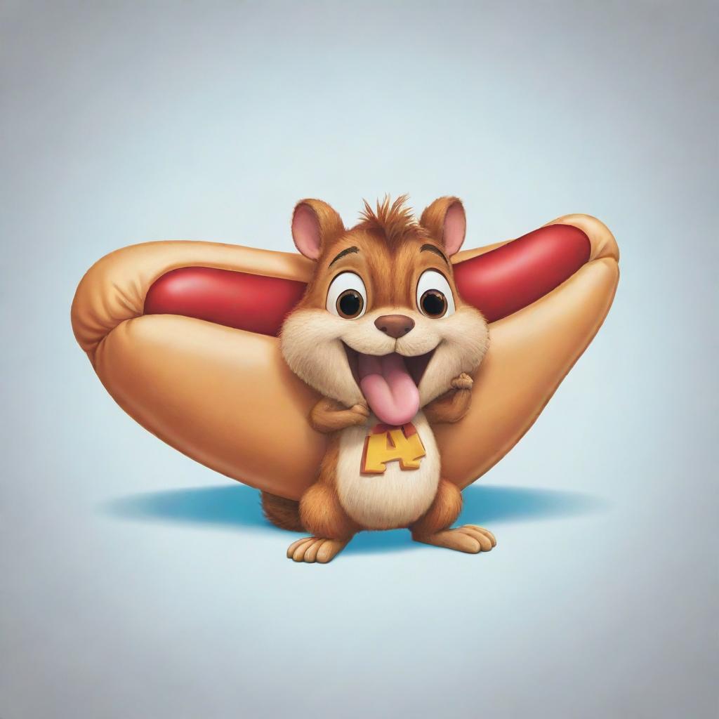 A cartoon-style illustration of Alvin, the chipmunk, whimsically biting a pillow that's shaped like a giant hotdog.