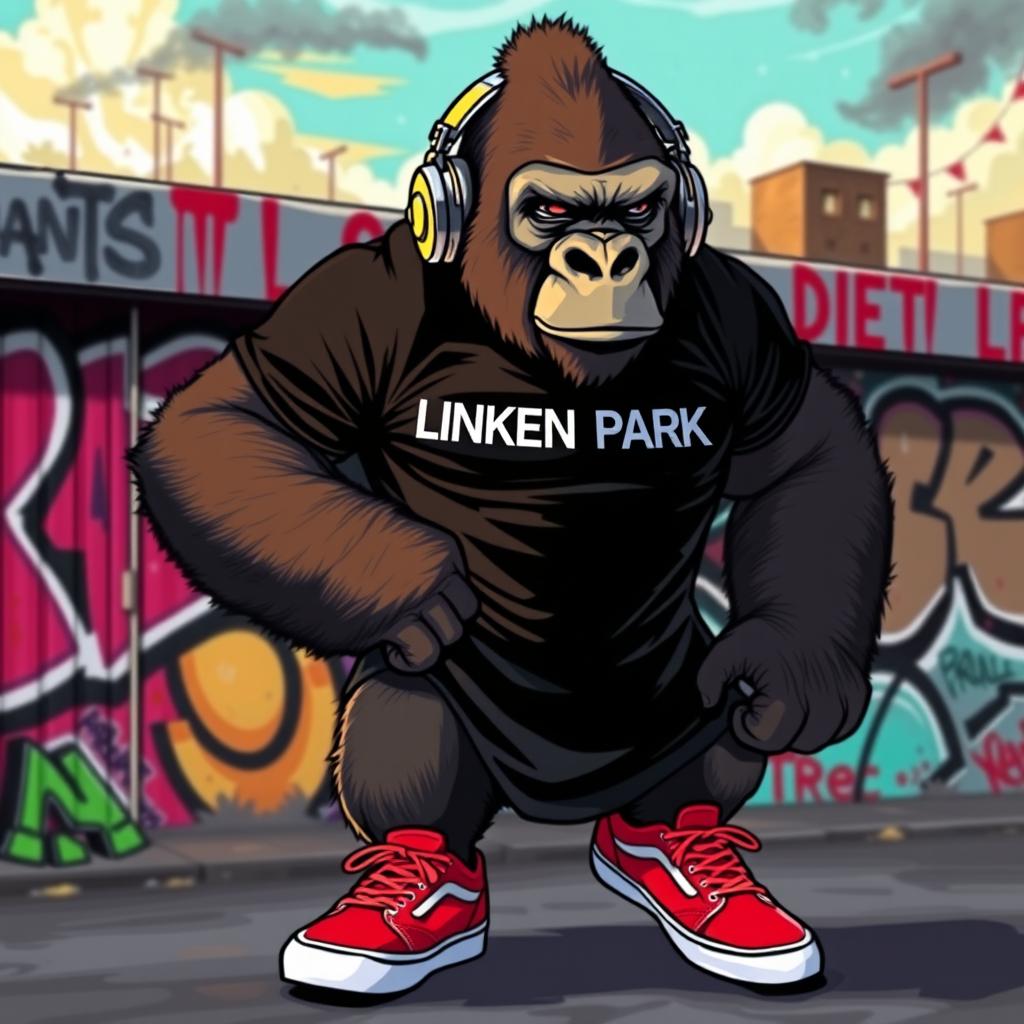 A strong, muscular gorilla exhibiting a powerful and fierce demeanor, wearing a black Linkin Park t-shirt that fits snugly against its chest