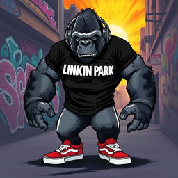 A strong, muscular gorilla exhibiting a powerful and fierce demeanor, wearing a black Linkin Park t-shirt that fits snugly against its chest