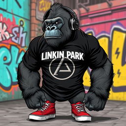 A strong, muscular gorilla exhibiting a powerful and fierce demeanor, wearing a black Linkin Park t-shirt that fits snugly against its chest