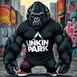 A strong, muscular gorilla exhibiting a powerful and fierce demeanor, wearing a black Linkin Park t-shirt that fits snugly against its chest