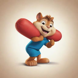 A cartoon-style illustration of Alvin, the chipmunk, whimsically biting a pillow that's shaped like a giant hotdog.