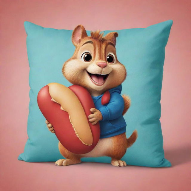 A cartoon-style illustration of Alvin, the chipmunk, whimsically biting a pillow that's shaped like a giant hotdog.