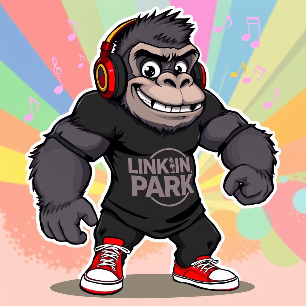 A cartoon-style illustration of a strong, muscular gorilla that embodies a rock star persona