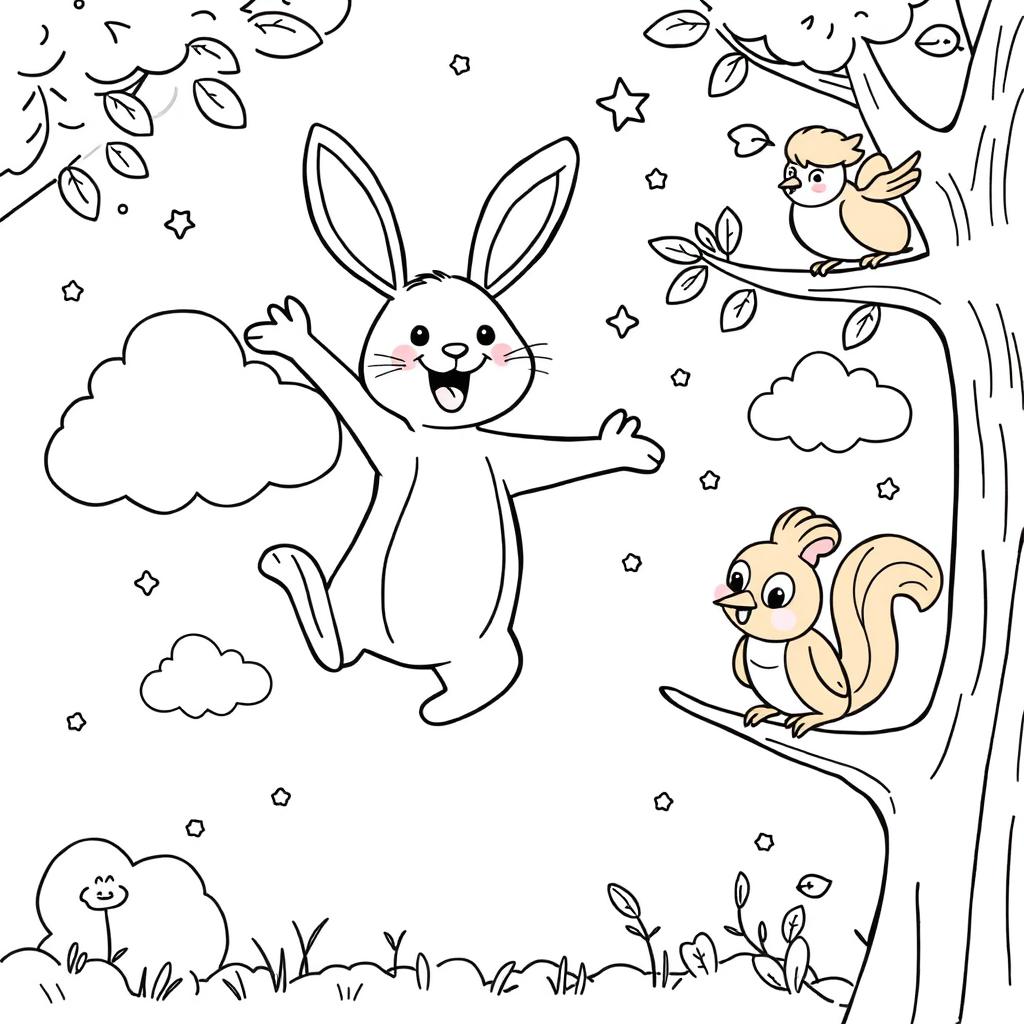 A simple, kid-friendly coloring page featuring a cheerful rabbit named Bruno joyfully jumping high in the air