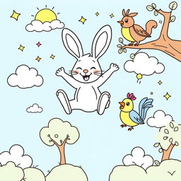 A simple, kid-friendly coloring page featuring a cheerful rabbit named Bruno joyfully jumping high in the air