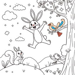 A simple, kid-friendly coloring page featuring a cheerful rabbit named Bruno joyfully jumping high in the air