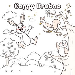 A simple, kid-friendly coloring page featuring a cheerful rabbit named Bruno joyfully jumping high in the air