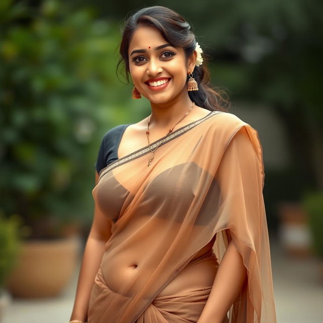 A full-figure portrait of a South Indian woman wearing a tight, transparent saree that elegantly drapes over her curves, accentuating her voluptuous figure