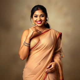 A full-figure portrait of a South Indian woman wearing a tight, transparent saree that elegantly drapes over her curves, accentuating her voluptuous figure