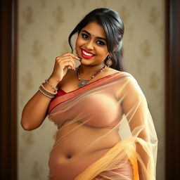 A full-figure portrait of a South Indian woman wearing a tight, transparent saree that elegantly drapes over her curves, accentuating her voluptuous figure