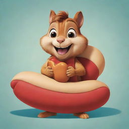 A cartoon-style illustration of Alvin, the chipmunk, whimsically biting a pillow that's shaped like a giant hotdog.