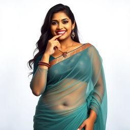 A full-figure portrait of a South Indian woman wearing a tight, transparent saree that elegantly drapes over her curves, accentuating her voluptuous figure