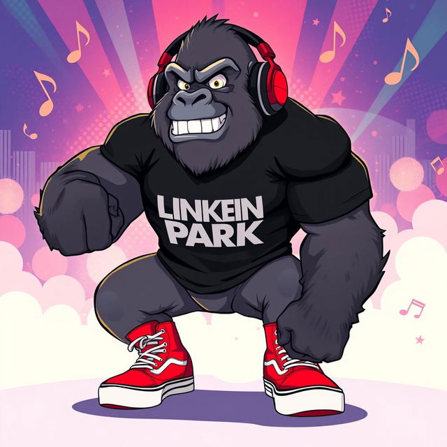 An anime-style illustration of a strong, muscular gorilla with a rock star vibe