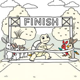 A delightful coloring page featuring a proud tortoise named Tita crossing the finish line of a race, looking triumphant