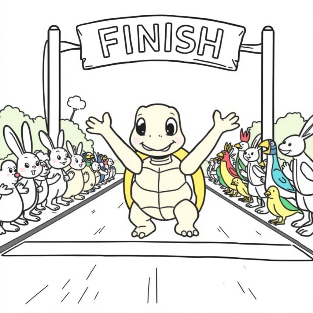 A delightful coloring page featuring a proud tortoise named Tita crossing the finish line of a race, looking triumphant