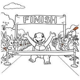 A delightful coloring page featuring a proud tortoise named Tita crossing the finish line of a race, looking triumphant