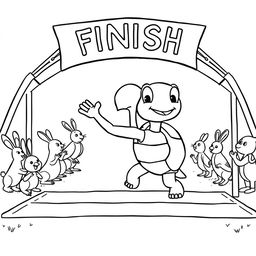 A delightful coloring page featuring a proud tortoise named Tita crossing the finish line of a race, looking triumphant