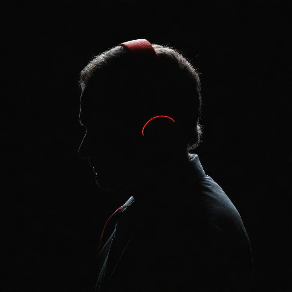 A 2D silhouette of a man in white with red headphones against a black background.