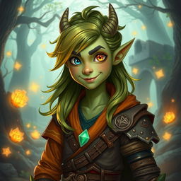 A charming 16-year-old character, who is a unique blend of 1/4 orc and 3/4 human, with distinct draconic features