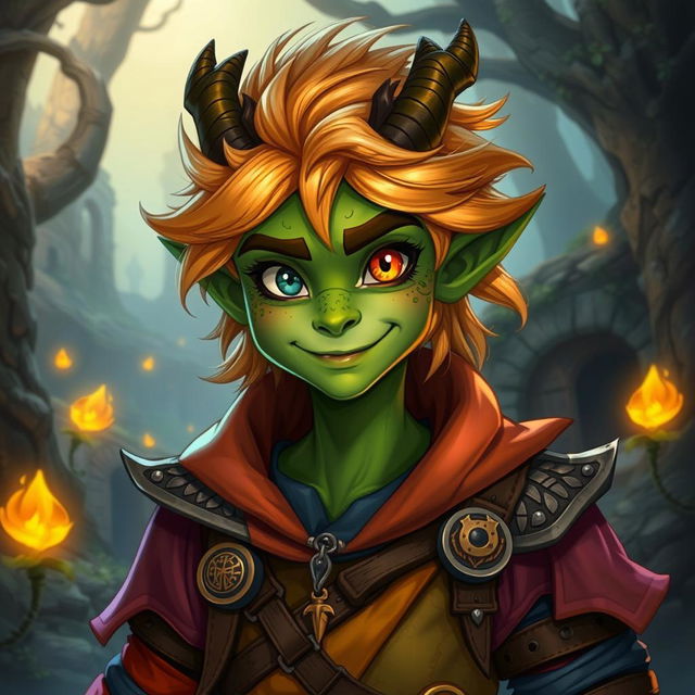 A charming 16-year-old character, who is a unique blend of 1/4 orc and 3/4 human, with distinct draconic features