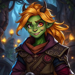 A charming 16-year-old character, who is a unique blend of 1/4 orc and 3/4 human, with distinct draconic features