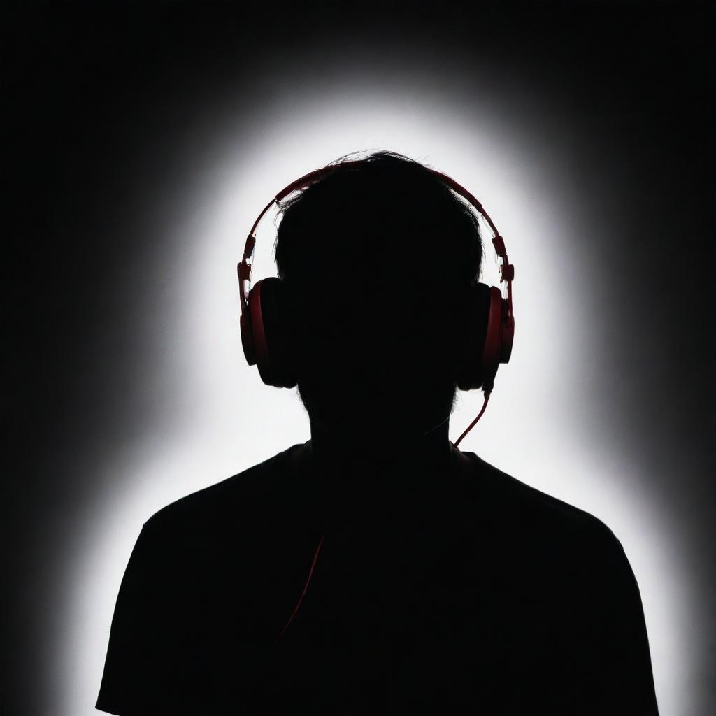 A 2D silhouette of a man in white with red headphones against a black background.