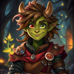 A charming 16-year-old character, who is a unique blend of 1/4 orc and 3/4 human, with distinct draconic features