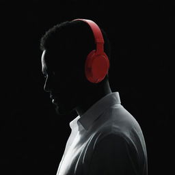 A 2D silhouette of a man in white with red headphones against a black background.