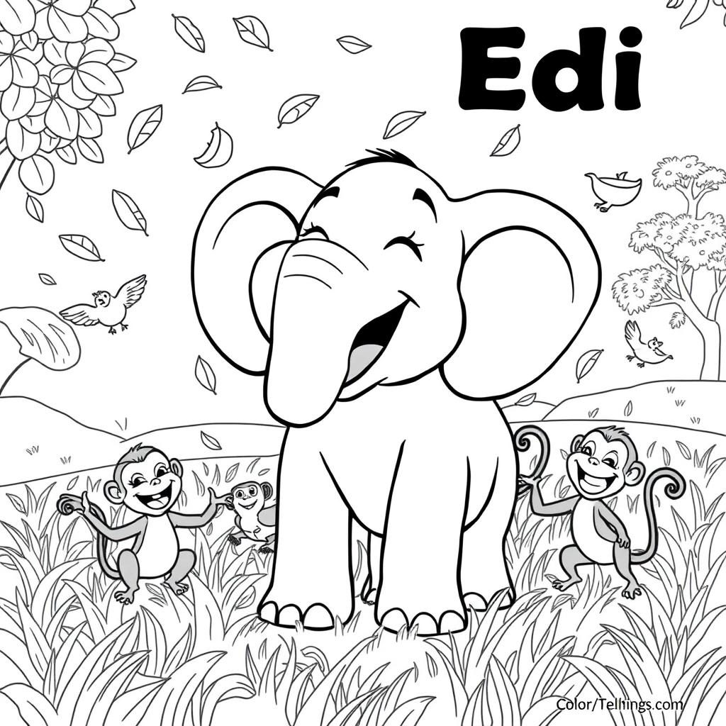 A fun coloring page featuring an elephant named Edi joyfully laughing while standing in a vibrant field filled with flying leaves