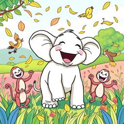 A fun coloring page featuring an elephant named Edi joyfully laughing while standing in a vibrant field filled with flying leaves