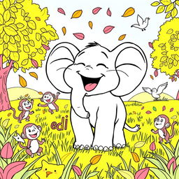 A fun coloring page featuring an elephant named Edi joyfully laughing while standing in a vibrant field filled with flying leaves