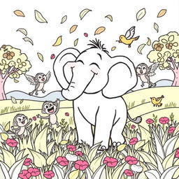 A fun coloring page featuring an elephant named Edi joyfully laughing while standing in a vibrant field filled with flying leaves