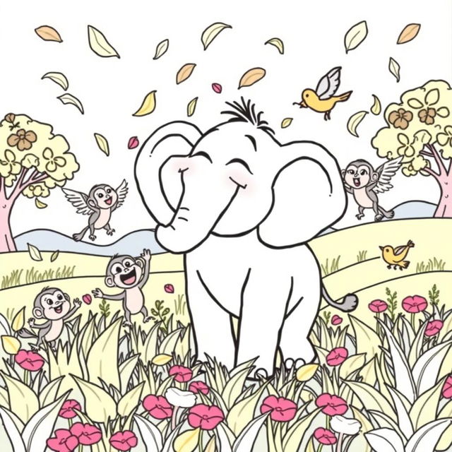 A fun coloring page featuring an elephant named Edi joyfully laughing while standing in a vibrant field filled with flying leaves