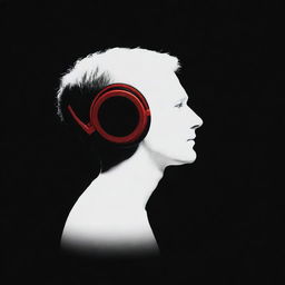 A 2D silhouette of a man in white with red headphones against a black background.