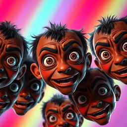 A composition featuring several Wojak faces with brown skin color, each exhibiting wild, crazy eyes reminiscent of stalker characters